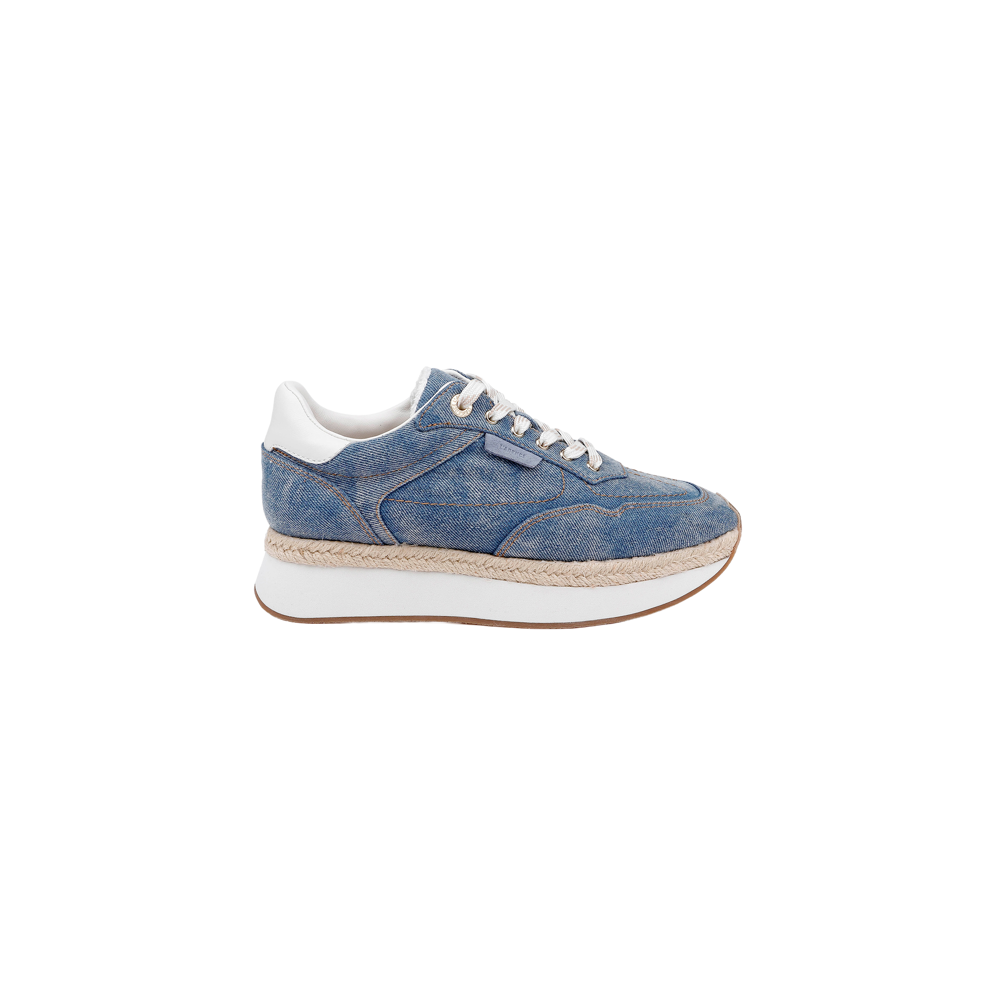 The Ivone Platform Sneaker is shown in side profile on a plain white background, featuring a blue denim upper, white laces, a thick white platform sole, brown trim, and white accents on the heel and tongue.