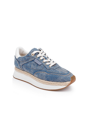 The Ivone Platform Sneaker features blue denim, white laces, white and beige accents, and a thick white sole with brown trim, shown on a plain white background.