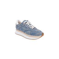 The Ivone Platform Sneaker is showcased on a plain white background, featuring a denim upper with white laces, a white interior, a tan woven-detail platform midsole, and a brown rubber sole.