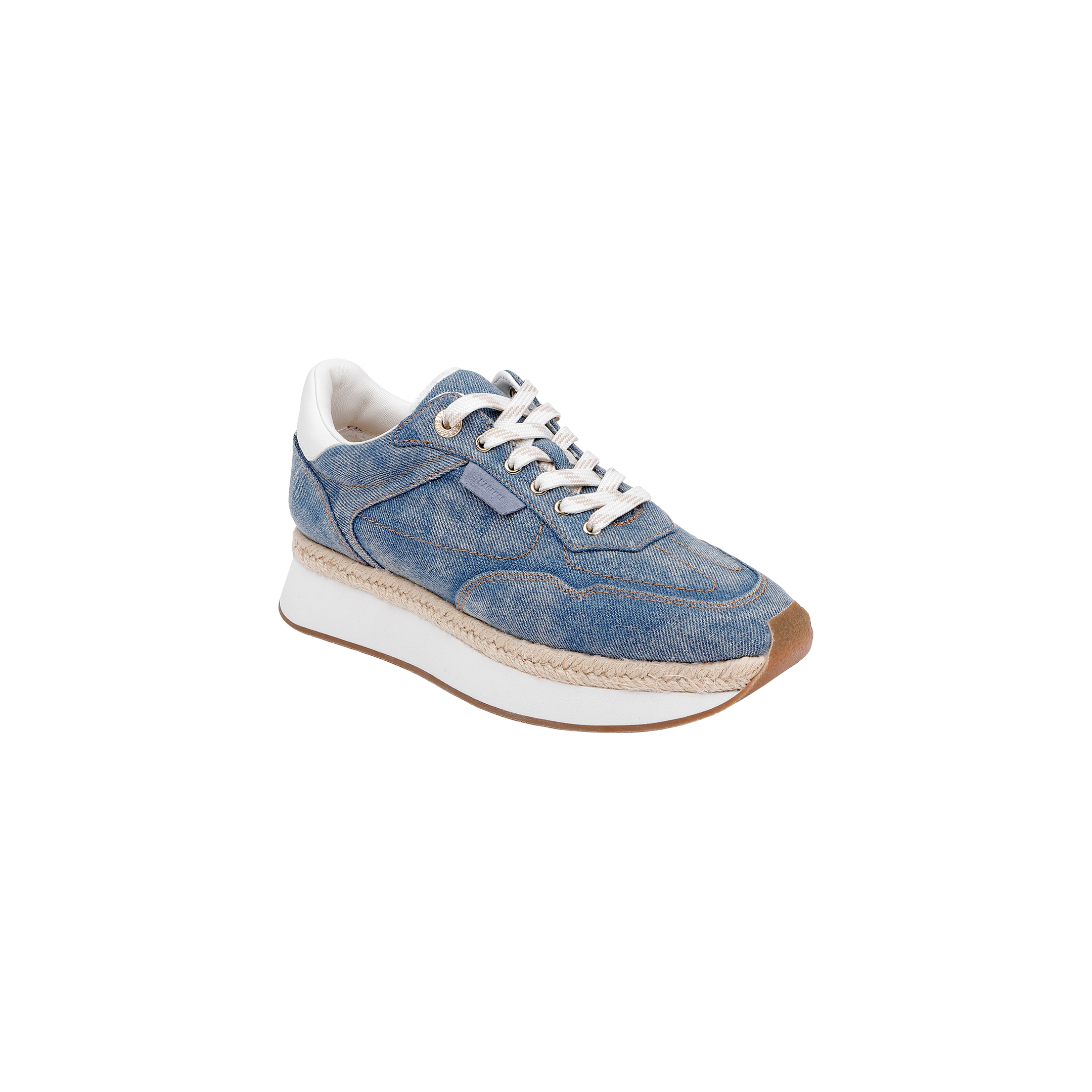 The Ivone Platform Sneaker is showcased on a plain white background, featuring a denim upper with white laces, a white interior, a tan woven-detail platform midsole, and a brown rubber sole.
