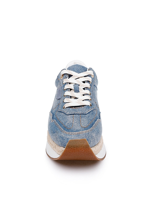 The Ivone Platform Sneaker is a light blue denim shoe with white laces and a gum sole, displayed from the front on a plain white background.