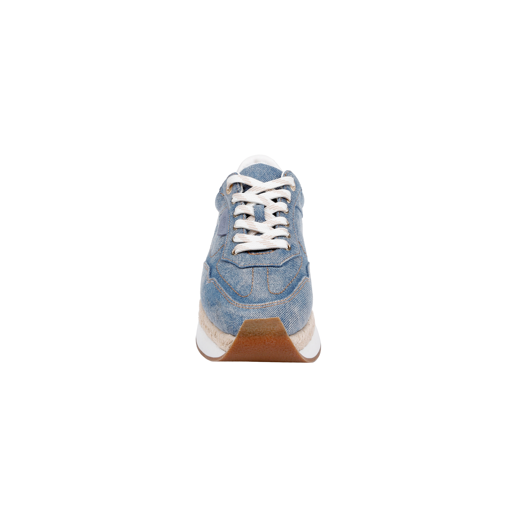 The Ivone Platform Sneaker is shown from the front against a plain white background, featuring a blue denim upper, white laces, and a white sole.