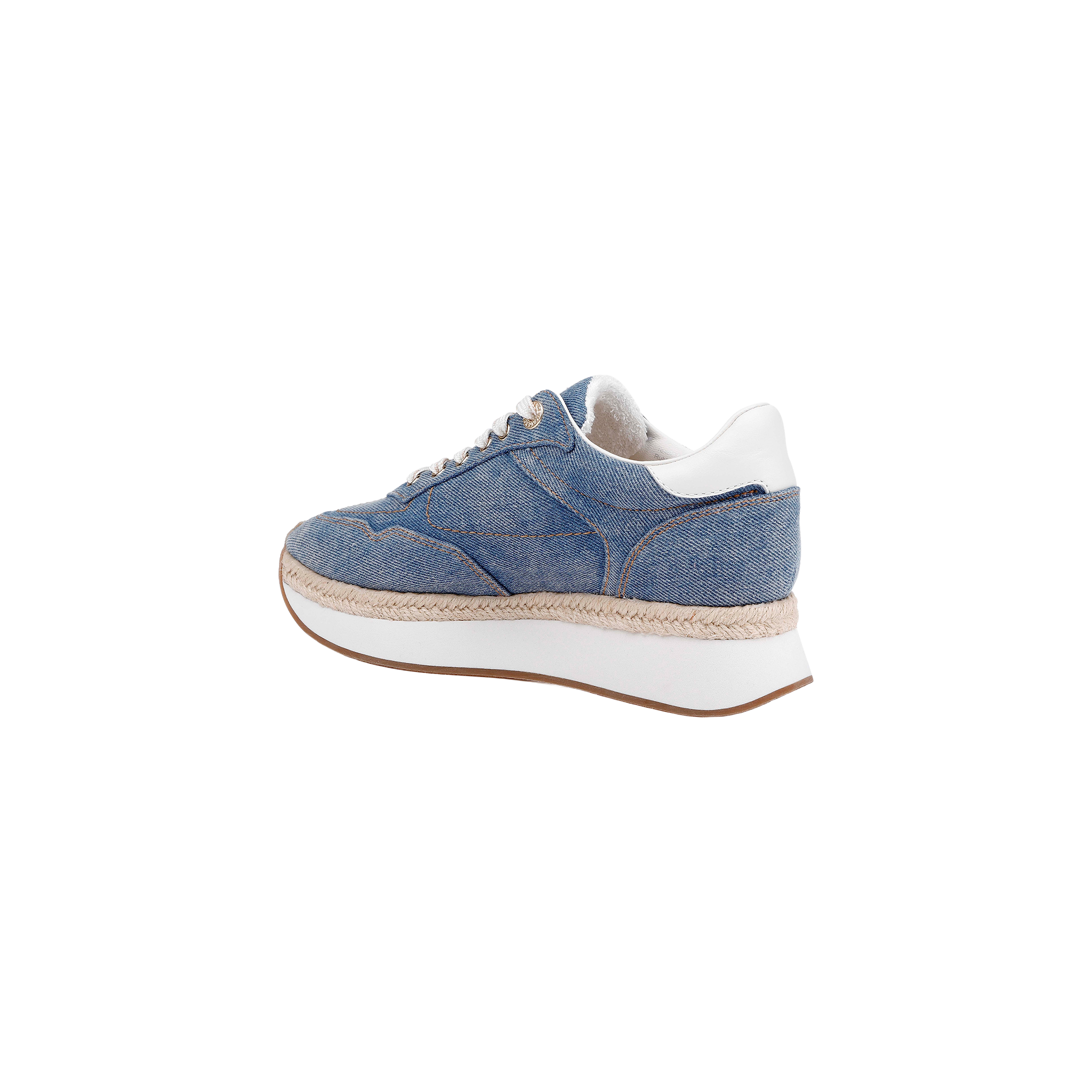 Ivone Platform Sneaker featuring a blue denim upper, white laces, white heel accent, and a thick white platform sole with tan trim, shown in profile against a plain white background.