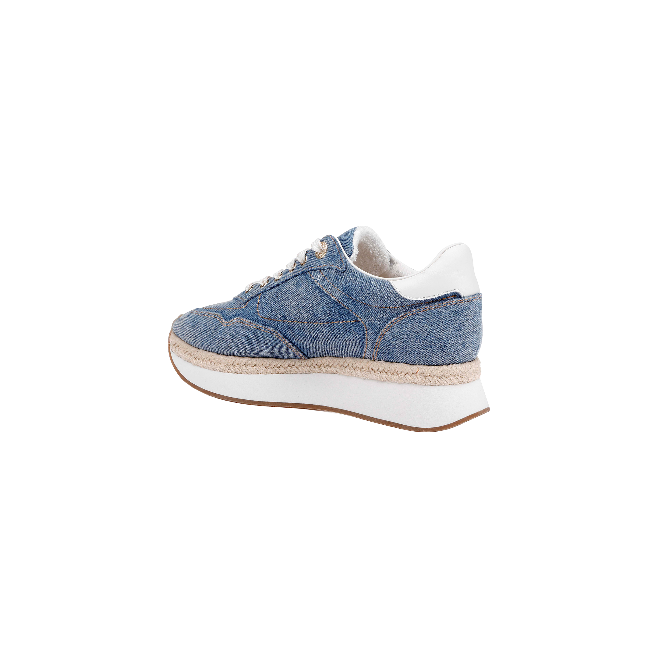 Ivone Platform Sneaker featuring a blue denim upper, white laces, white heel accent, and a thick white platform sole with tan trim, shown in profile against a plain white background.