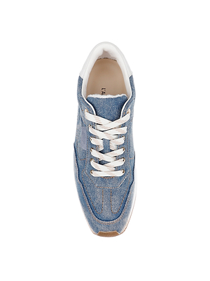 Top view of the Ivone Platform Sneaker, featuring blue denim material, white laces, and a crisp white sole, displayed on a plain white background.