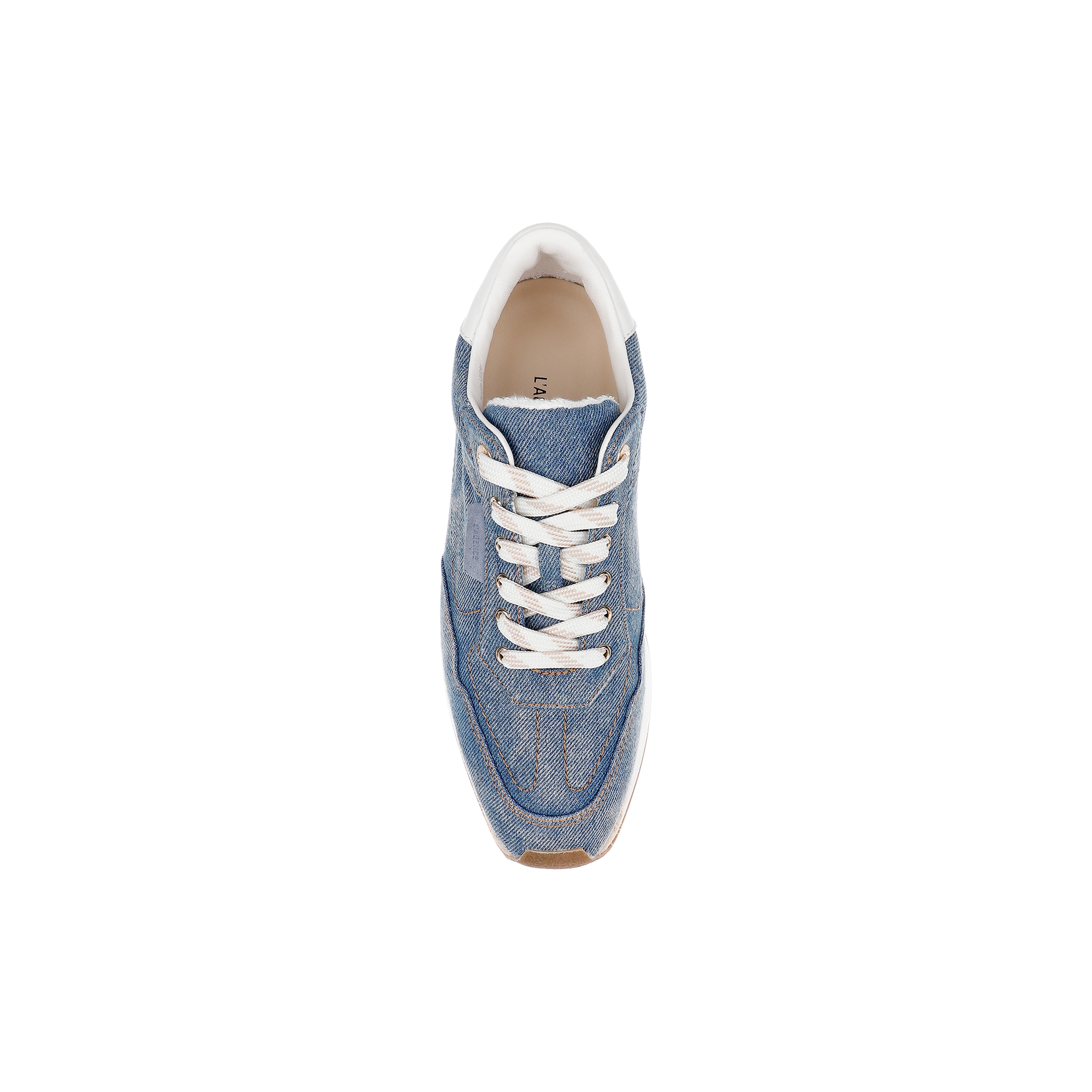 An Ivone Platform Sneaker in blue with a denim upper and white laces is shown from above on a plain white background.