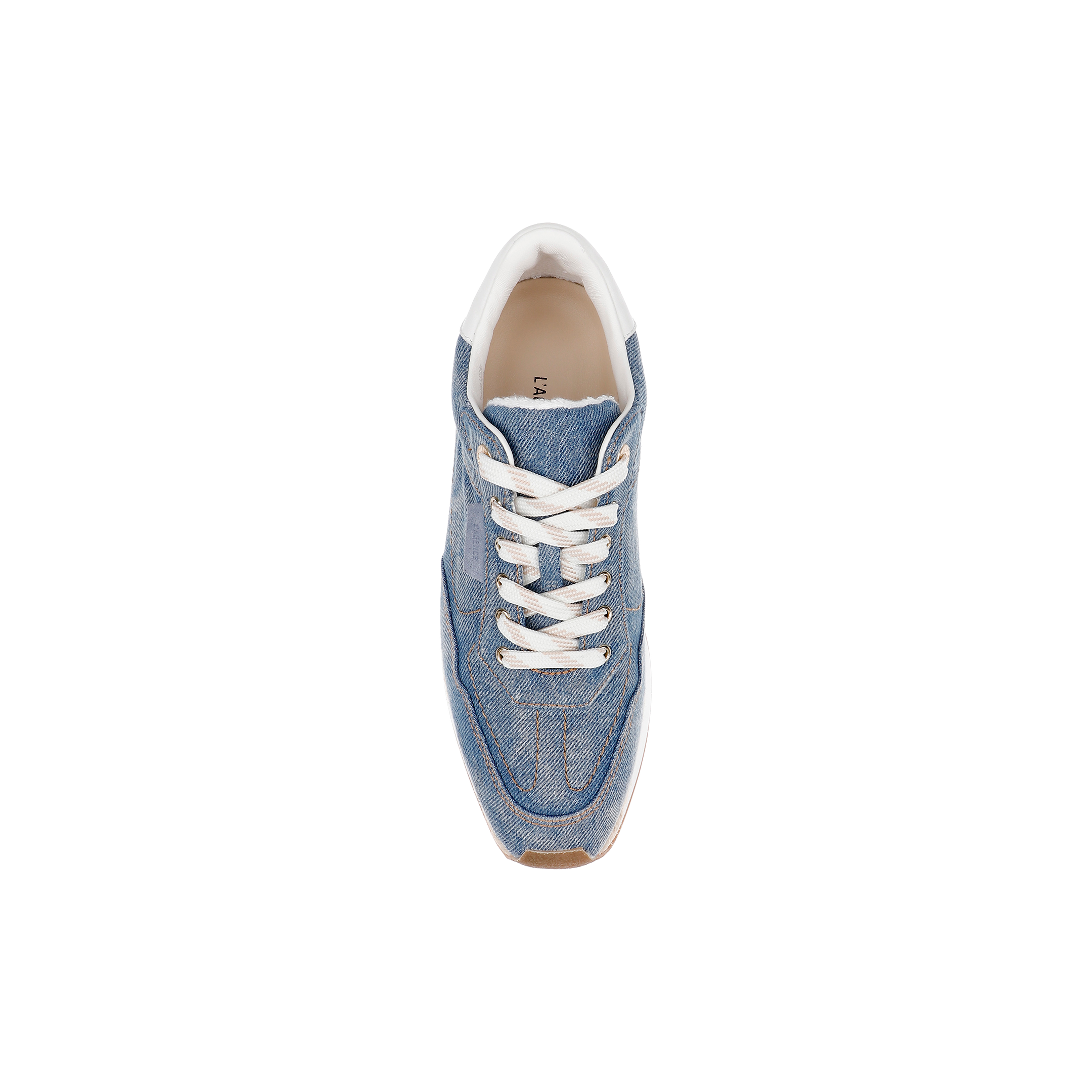 An Ivone Platform Sneaker in blue with a denim upper and white laces is shown from above on a plain white background.