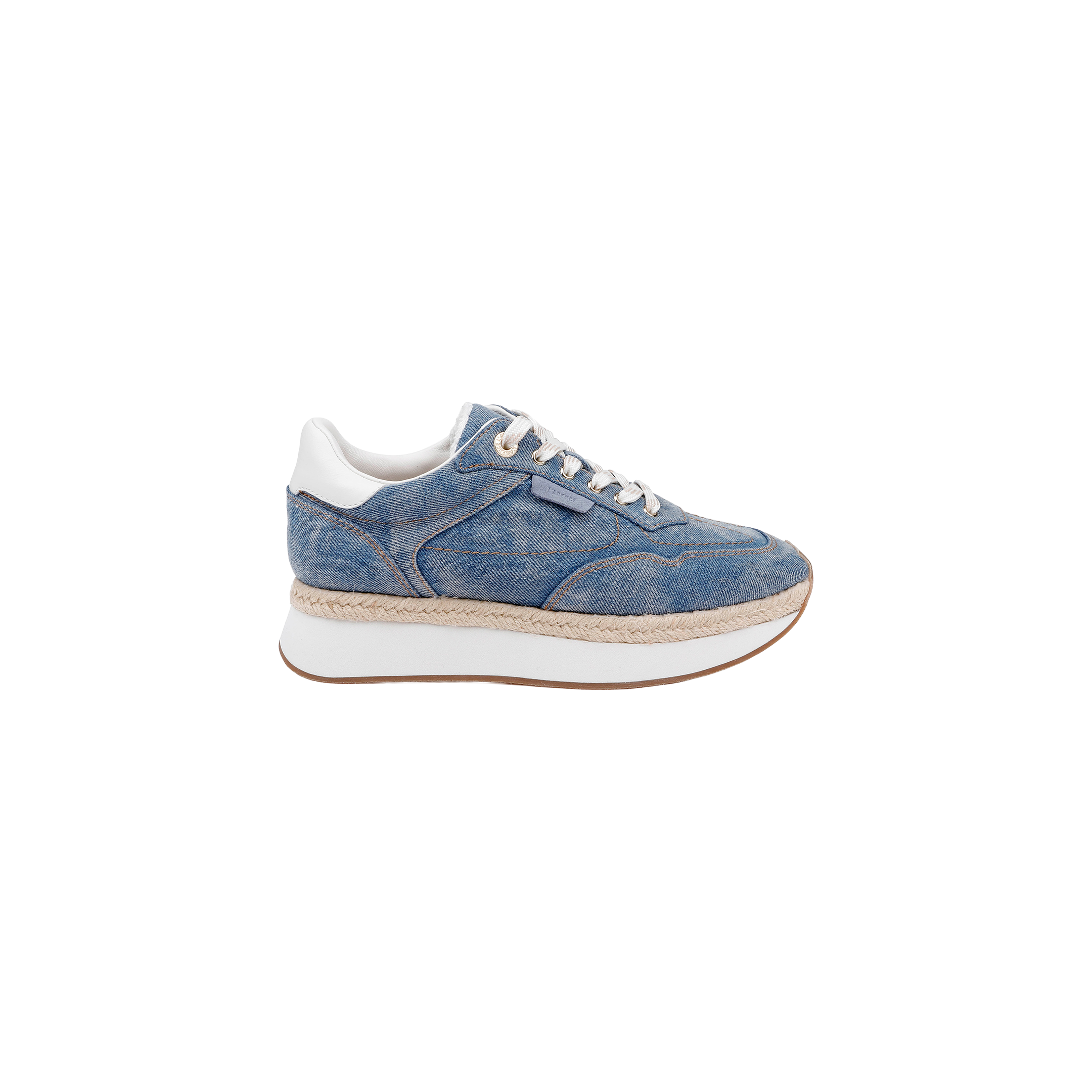 The Ivone Platform Sneaker features a blue denim upper, white laces, a thick platform white sole, tan espadrille trim, and a brown rubber outsole; it is displayed in profile against a plain white background.