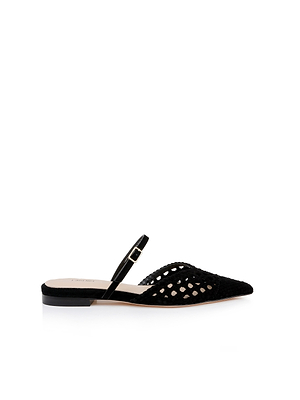 The Jacklyn Suede Flat Mule from L'AGENCE Sale is a black suede pointed-toe flat with a woven upper, slim buckled ankle strap, and low heel, shown on a white background.