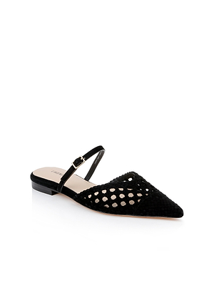 The Jacklyn Suede Flat Mule by L'AGENCE Sale is a black pointed-toe flat with a woven suede upper, low heel, and slim back strap with buckle, shown on a white background.