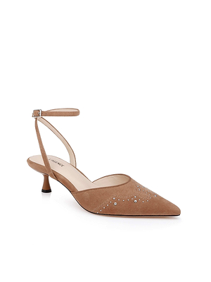 The L'AGENCE Liana Suede Kitten-Heel Mule features a tan pointed toe, ankle strap, and silver stud accents for a subtle Western-inspired touch.