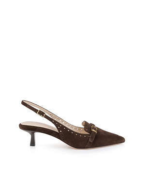 The Lourdes Suede Slingback Pump is a brown suede shoe with a pointed toe, low heel, adjustable ankle strap, and decorative buckle. Elegant brogue detailing adds a refined touch to these classic slingback heels.