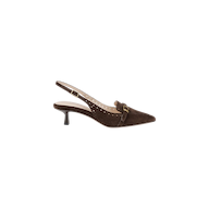 Introducing the Lourdes Suede Slingback Pump: a dark brown suede slingback kitten heel featuring a pointed toe, subtle brogue detailing, and a decorative buckle accent on top—displayed against a white background.