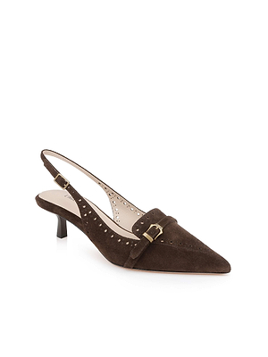 The Lourdes Suede Slingback Pump is a brown suede kitten heel shoe with a pointed toe, brogue detailing, decorative perforations, side buckle, and low heel, shown against a white background.