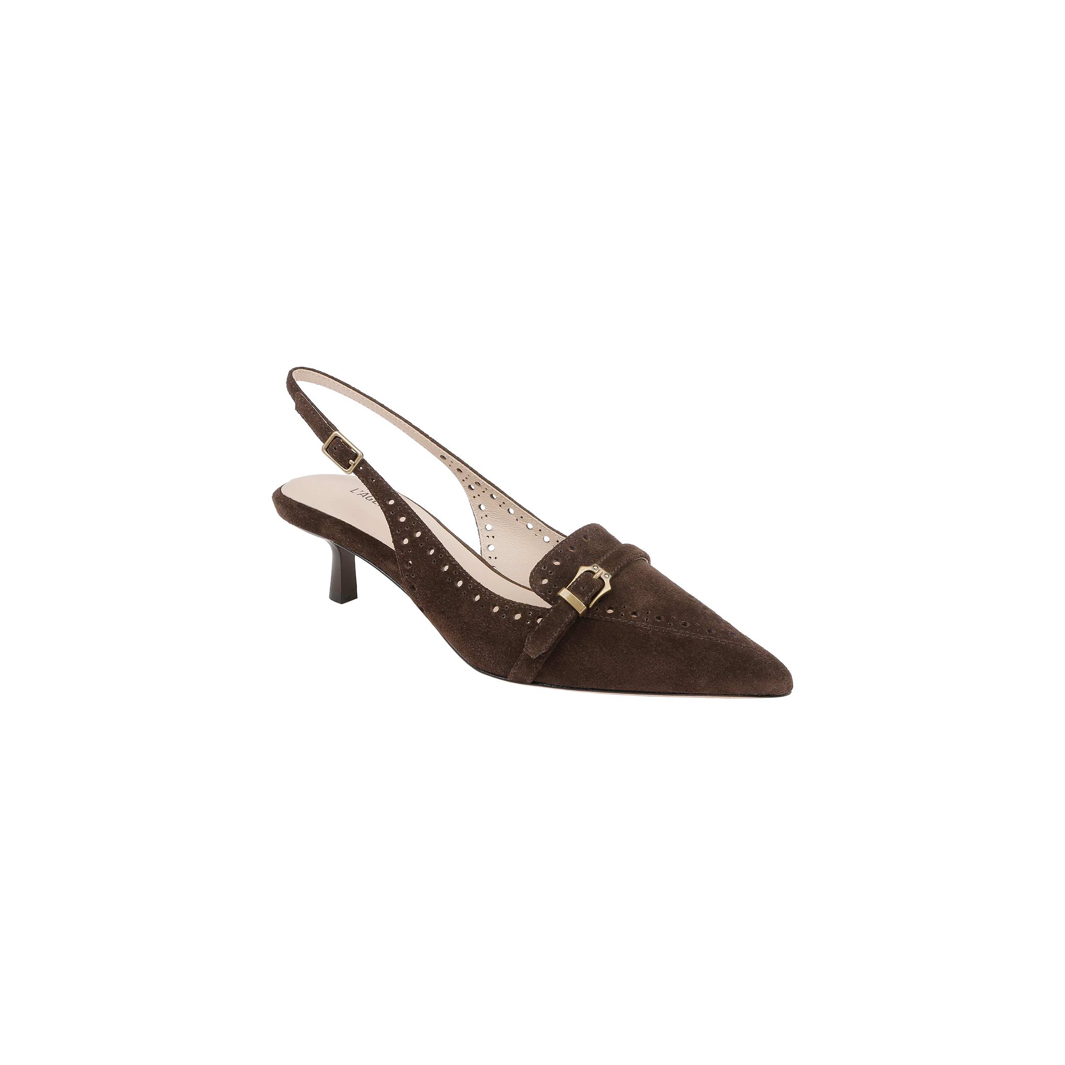 The Lourdes Suede Slingback Pump is a dark brown suede shoe featuring a pointed toe, small kitten heel, gold buckle detail, and elegant brogue accents, shown against a plain white background.