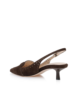 The Lourdes Suede Slingback Pump is a brown suede shoe with brogue detailing, cutout sides, a pointed toe, and a low curved heel, shown against a white background.