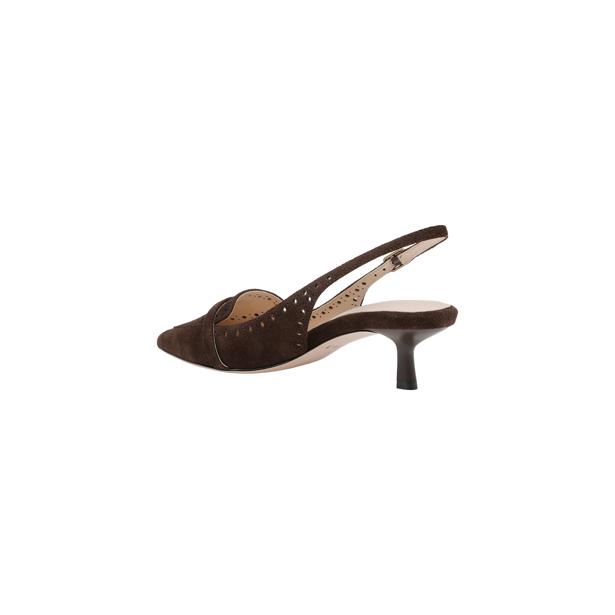 Lourdes Suede Slingback Pump in dark brown features brogue detailing, a pointed toe, open back, and a mid-height stiletto heel, displayed on a plain white background.