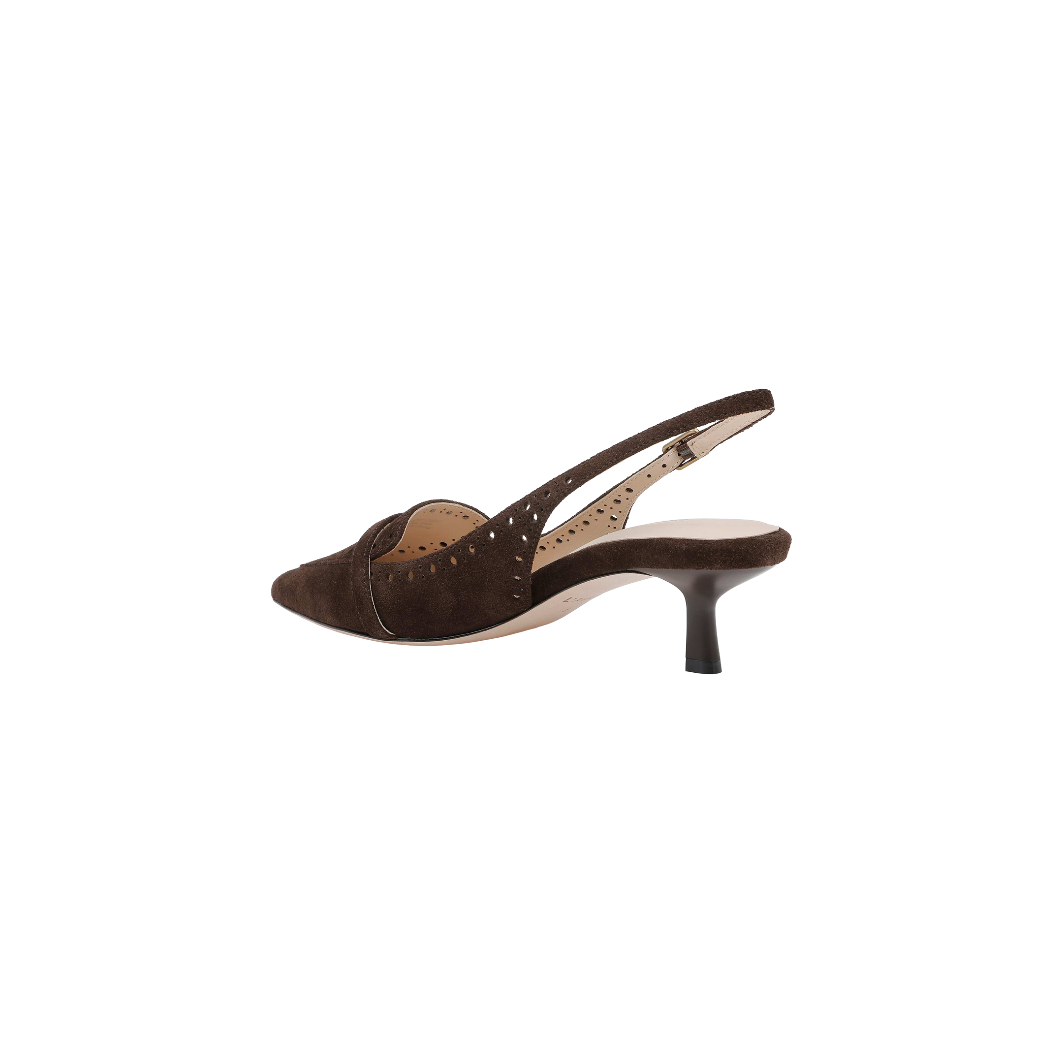 Lourdes Suede Slingback Pump in dark brown features brogue detailing, a pointed toe, open back, and a mid-height stiletto heel, displayed on a plain white background.