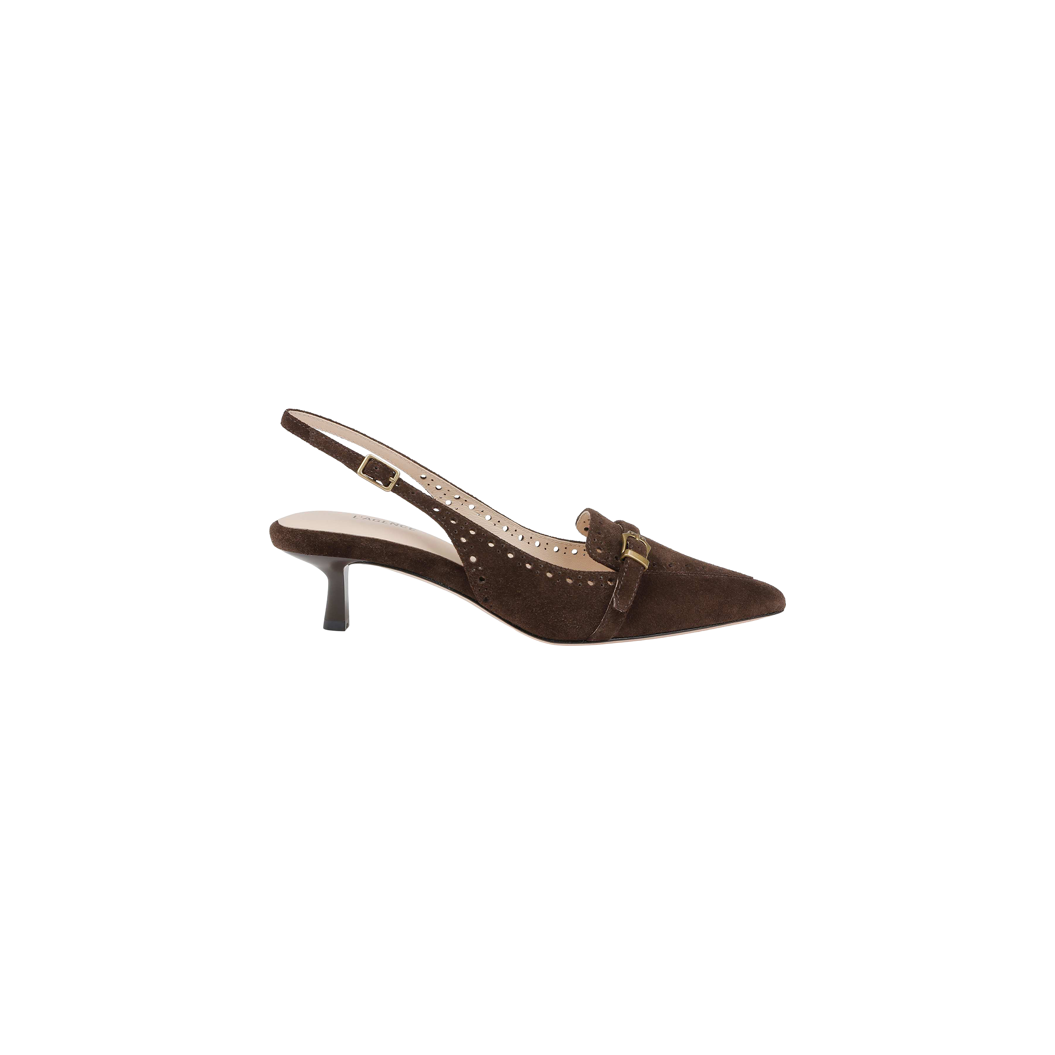 The Lourdes Suede Slingback Pump features a dark brown suede upper with a pointed toe, low kitten heel, and decorative buckle accent. Elegant brogue detailing enhances its sophisticated look, while the light-colored inner lining is patterned with small dots. The shoe is presented against a white background.