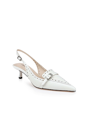 The Lourdes Leather Slingback Pump by L'AGENCE features a white leather pointed toe, perforated detailing, low kitten heel, and decorative buckle strap—an elegant addition to your white shoe collection.