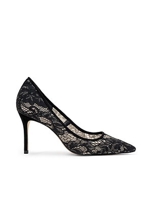 The Maelle Lace Pump is a classic black pointed-toe stiletto with a delicate floral lace overlay on a nude base and features a memory foam insole for comfort.