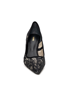 The Maelle Lace Pump is a black lace pointed-toe heel with a nude base and gold text on the insole, displayed front-facing against a plain white background.