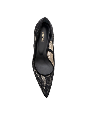 Top view of the Maelle Lace Pump, an elegant black lace shoe with a pointed toe and 
