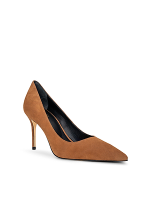 The Maelle Suede Pump is a single brown classic shoe featuring a pointed toe and slim suede stiletto heel, shown against a white background.