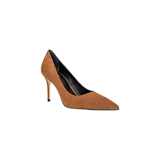 The Maelle Suede Pump is a classic high-heeled shoe crafted from rich brown suede, featuring a pointed toe and an elegant stiletto heel, beautifully displayed on a white background.