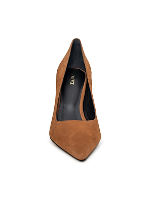 The Maelle Suede Pump is shown from the front in brown suede, featuring a pointed toe, black insole, and the MARC FISHER brand name in gold letters.