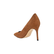 The Maelle Suede Pump features brown suede, a pointed toe, and a stiletto heel, shown from the back against a plain white background.