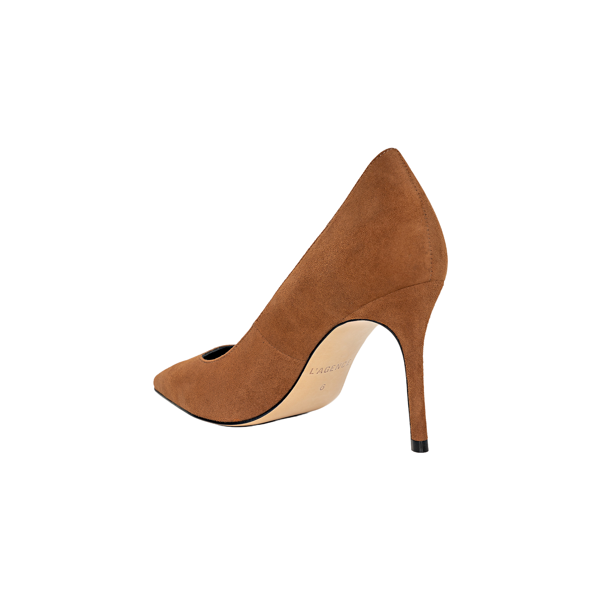 The Maelle Suede Pump features brown suede, a pointed toe, and a stiletto heel, shown from the back against a plain white background.