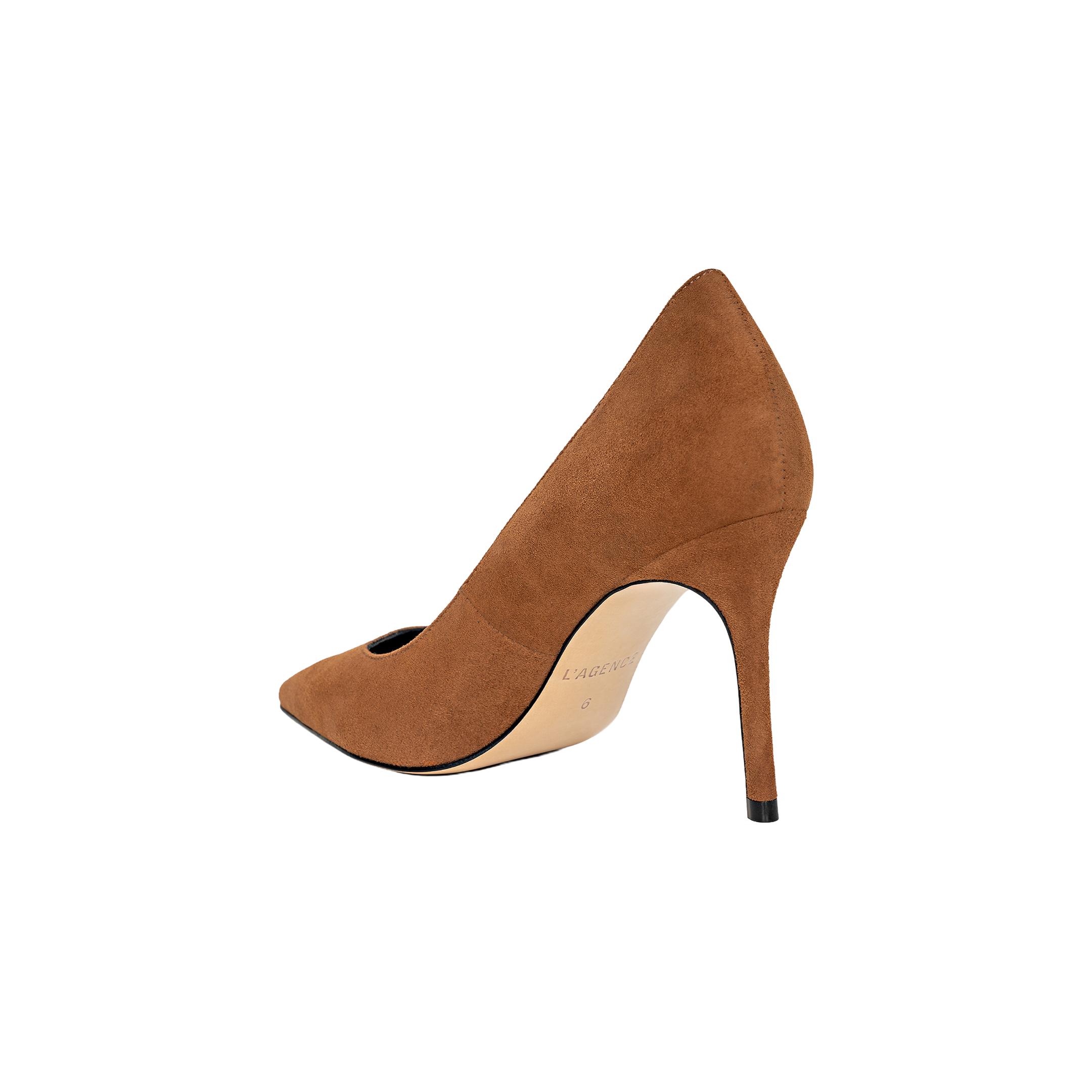The Maelle Suede Pump features brown suede, a pointed toe, and a stiletto heel, shown from the back against a plain white background.