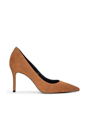 The Maelle Suede Pump is a brown classic shoe in suede, featuring a pointed toe and stiletto heel, displayed in side profile on a white background.