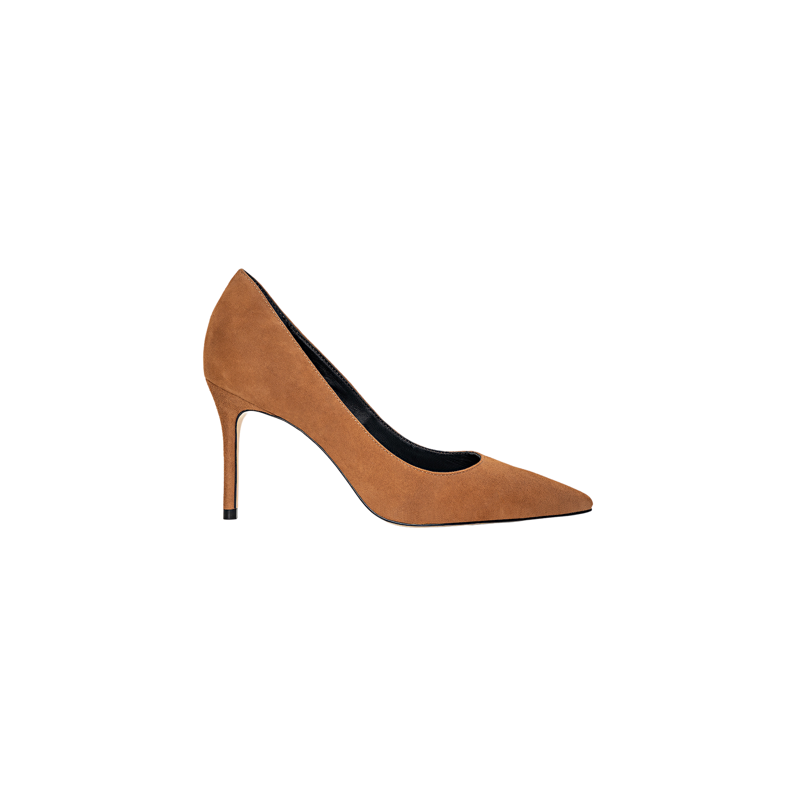 The Maelle Suede Pump, shown in brown with a pointed toe and stiletto heel, is displayed on a plain white background, highlighting its classic pump style.
