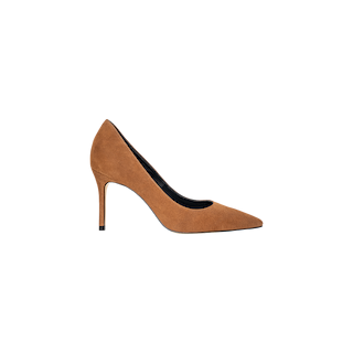 The Maelle Suede Pump, a classic brown suede shoe with a pointed toe and slim stiletto heel, is shown in profile against a plain white background.