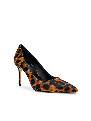 The Maelle Pump, a single point-toe pump in brown and black leopard print calf hair, is displayed against a white background.