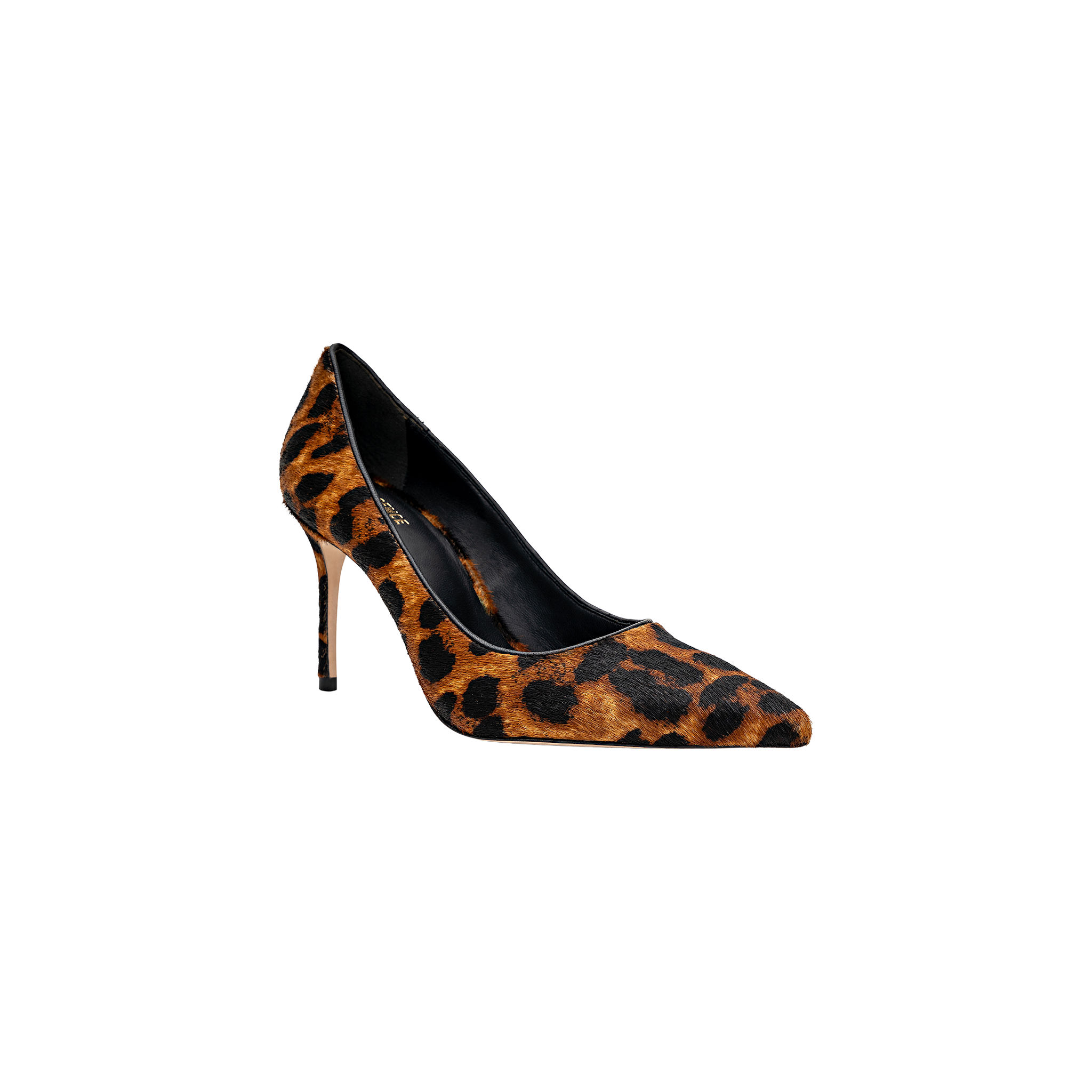 Maelle Pump in leopard hair calf, featuring a pointed toe and sleek stiletto heel, displayed against a plain white background.