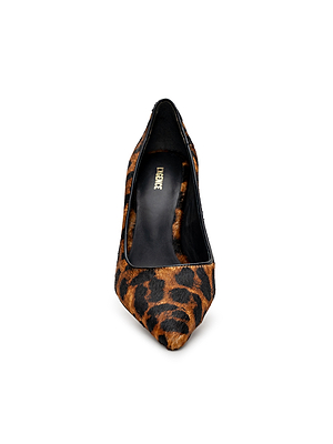 The Maelle Pump is a women’s point toe classic pump in a brown and black leopard print, shown from the front on a white background.