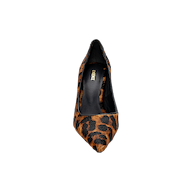 The Maelle Pump is a classic single-point toe design crafted from luxurious leopard hair calf, showcasing a brown and black leopard print pattern, shown from above on a plain white background.