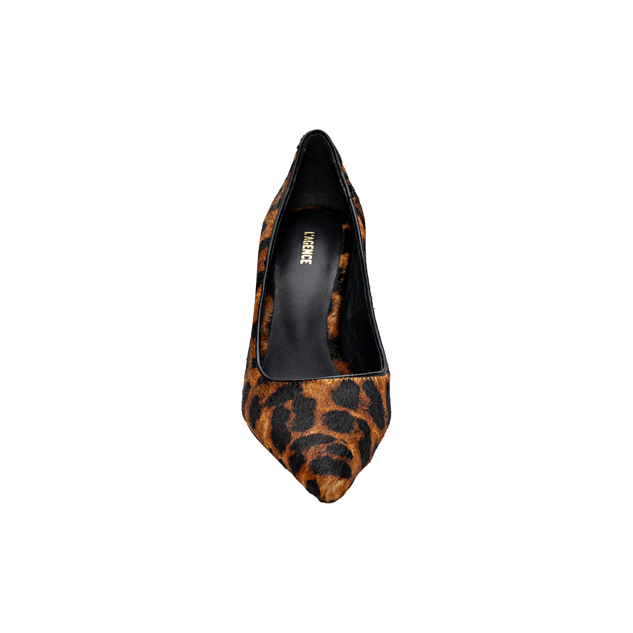 The Maelle Pump is a classic single-point toe design crafted from luxurious leopard hair calf, showcasing a brown and black leopard print pattern, shown from above on a plain white background.