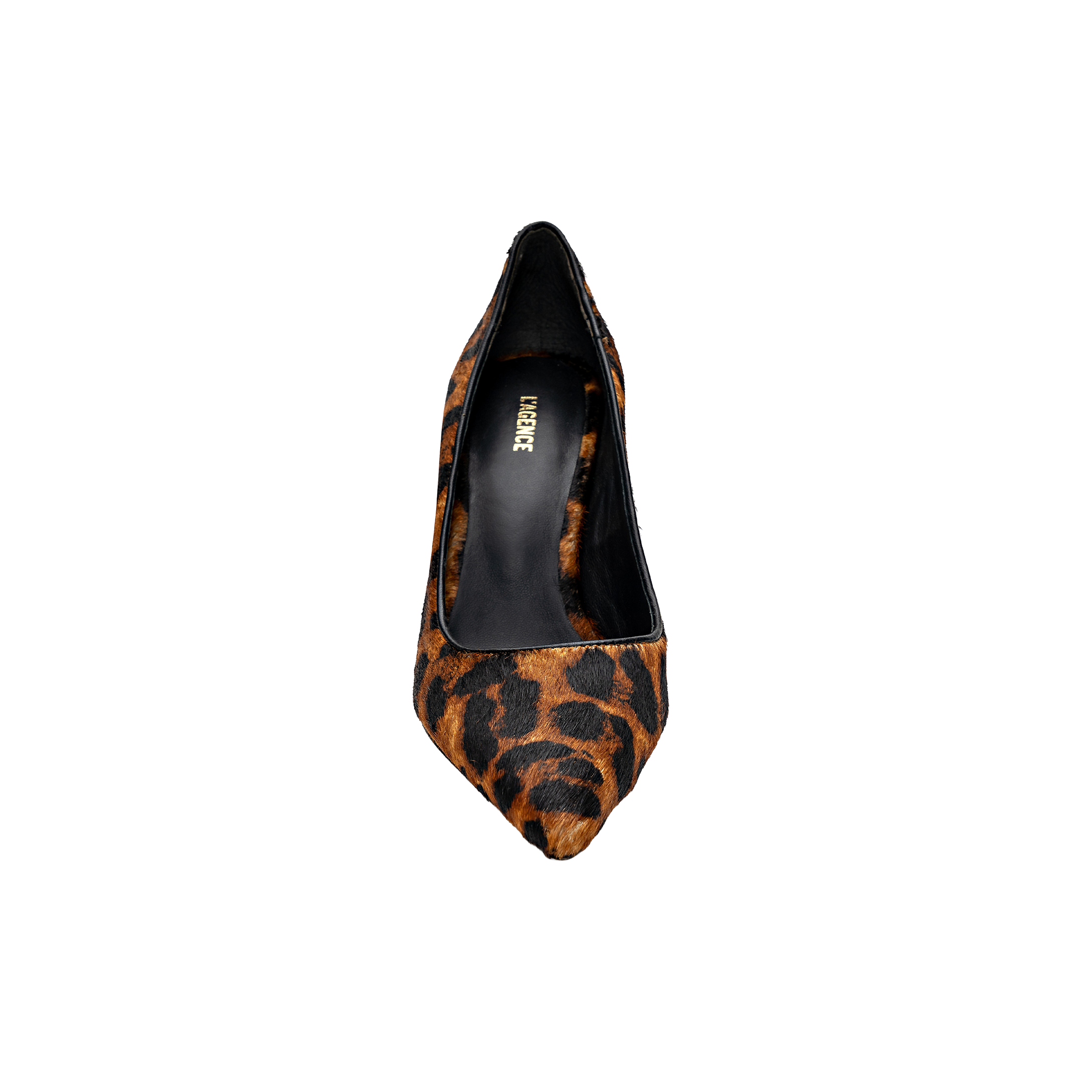 The Maelle Pump is a classic single-point toe design crafted from luxurious leopard hair calf, showcasing a brown and black leopard print pattern, shown from above on a plain white background.