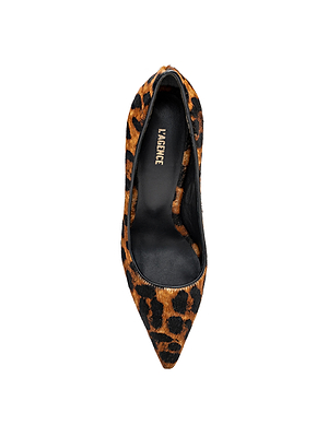 A top view of the Maelle Pump—a classic leopard hair calf pump featuring a pointed toe, black memory foam insole, and 