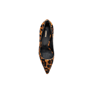 The Maelle Pump is a single point toe classic high heel shoe crafted in luxurious leopard hair calf, shown from above on a white background.