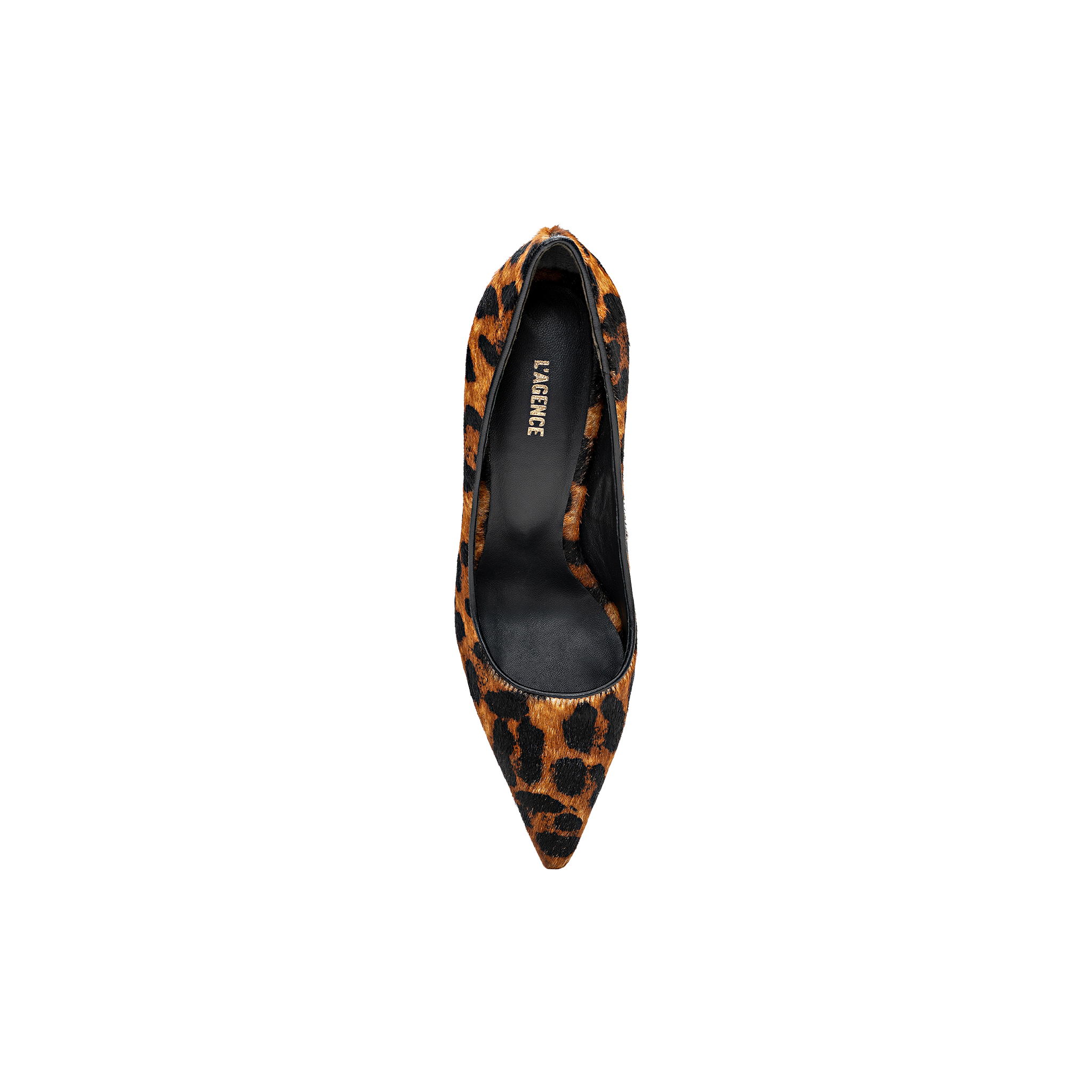 The Maelle Pump is a single point toe classic high heel shoe crafted in luxurious leopard hair calf, shown from above on a white background.