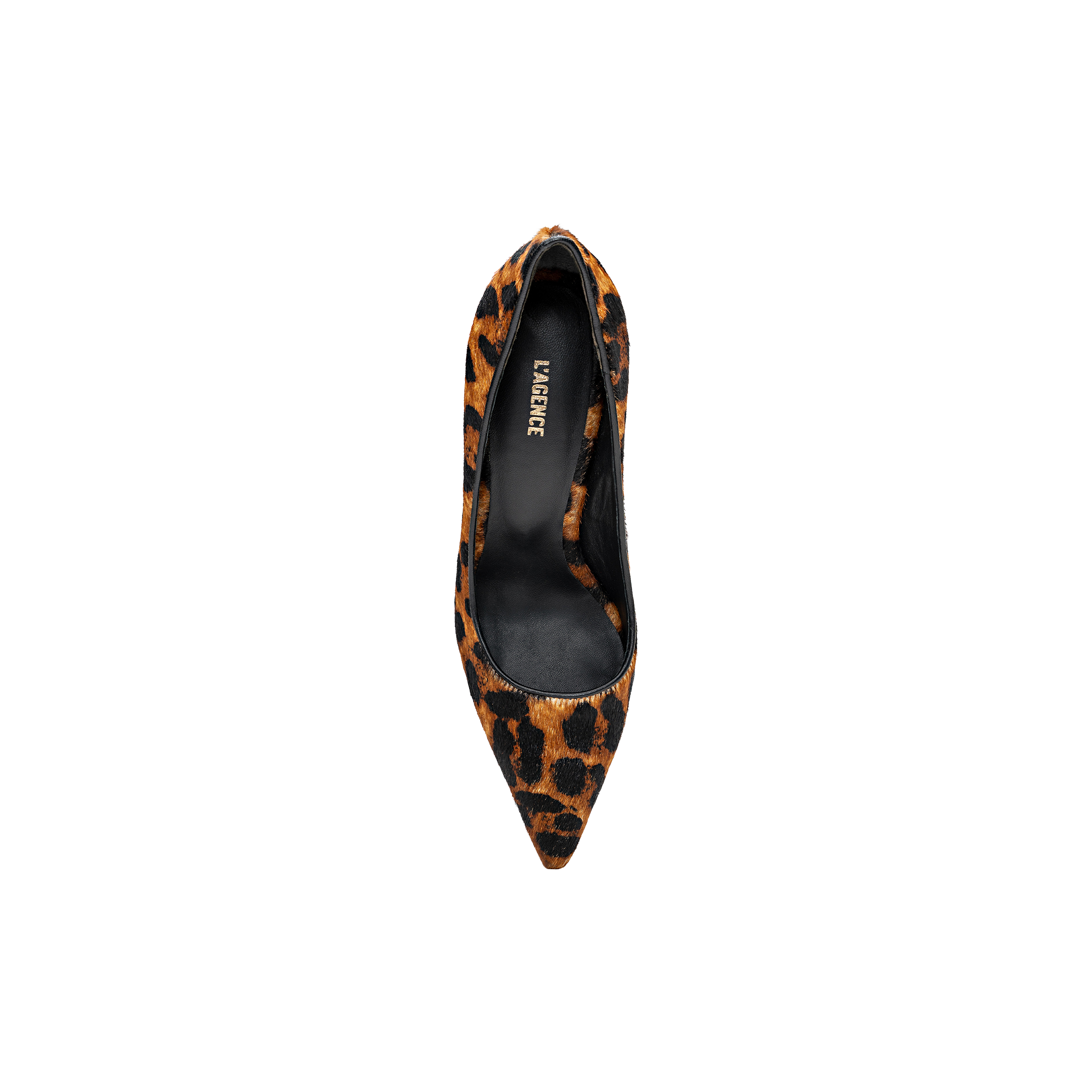 The Maelle Pump is a single point toe classic high heel shoe crafted in luxurious leopard hair calf, shown from above on a white background.