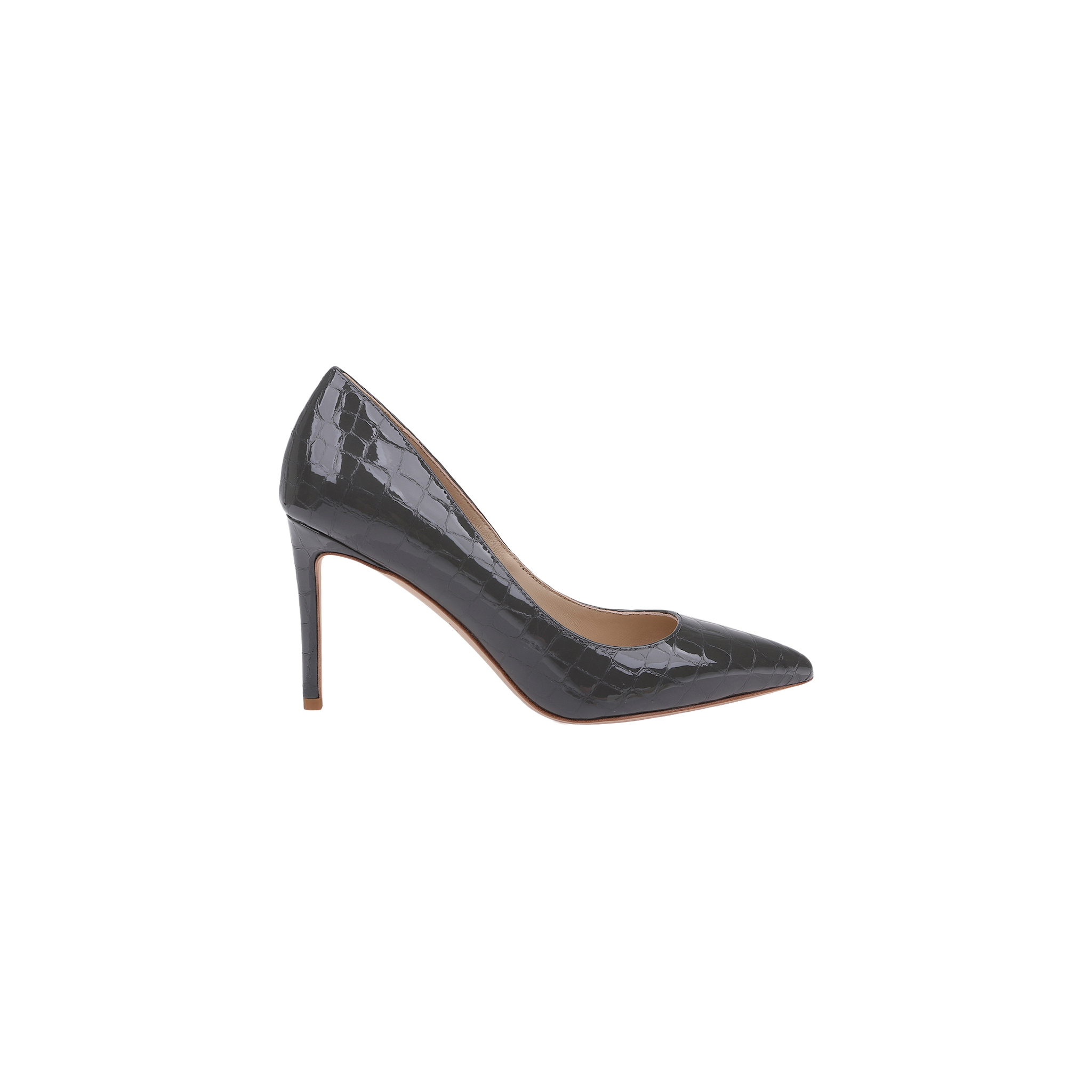 The Maelle Leather Pump, crafted from crocodile-embossed leather with a pointed toe and a stiletto heel, showcases its shiny, textured finish in a side view against a plain white background.