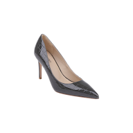 The Maelle Leather Pump is crafted from black crocodile-embossed leather with a pointed toe, a slim stiletto heel, and a neutral inner lining, presented against a plain white background.
