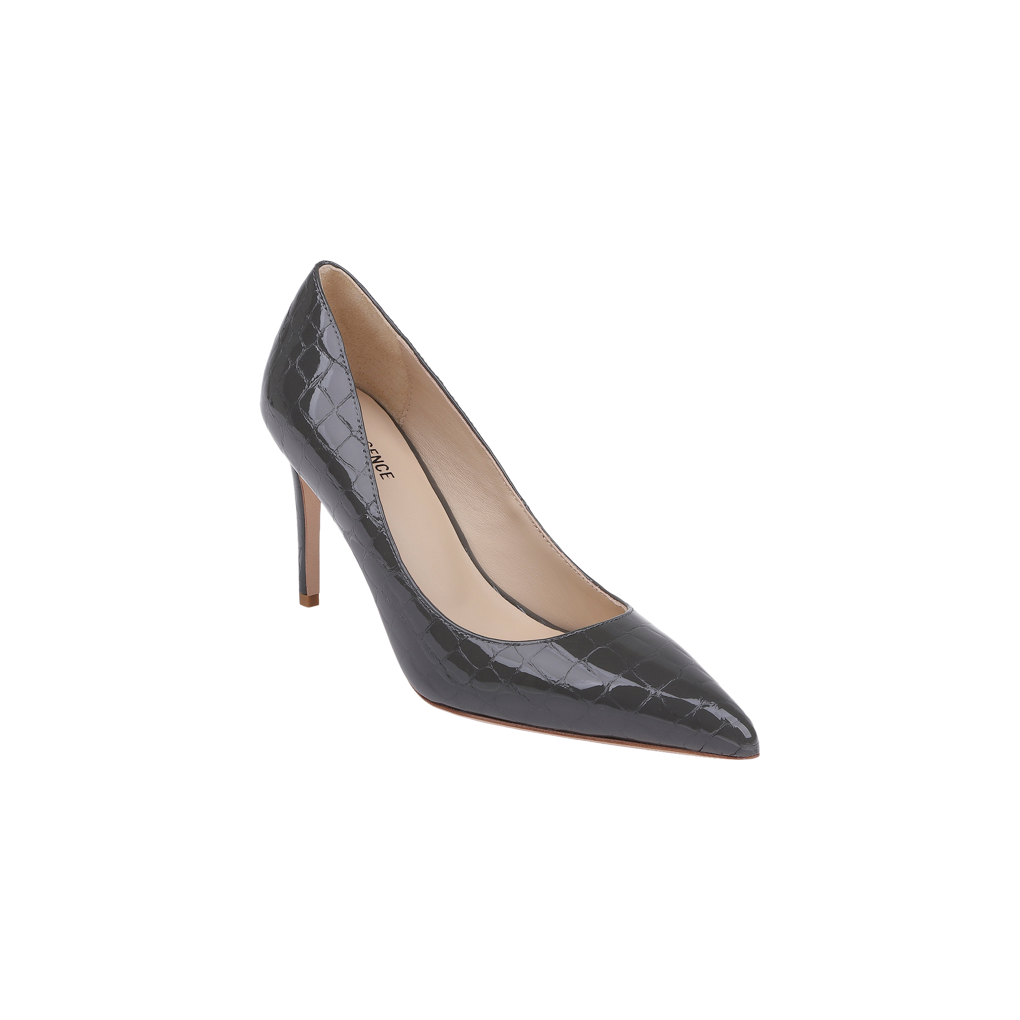 The Maelle Leather Pump is crafted from black crocodile-embossed leather with a pointed toe, a slim stiletto heel, and a neutral inner lining, presented against a plain white background.