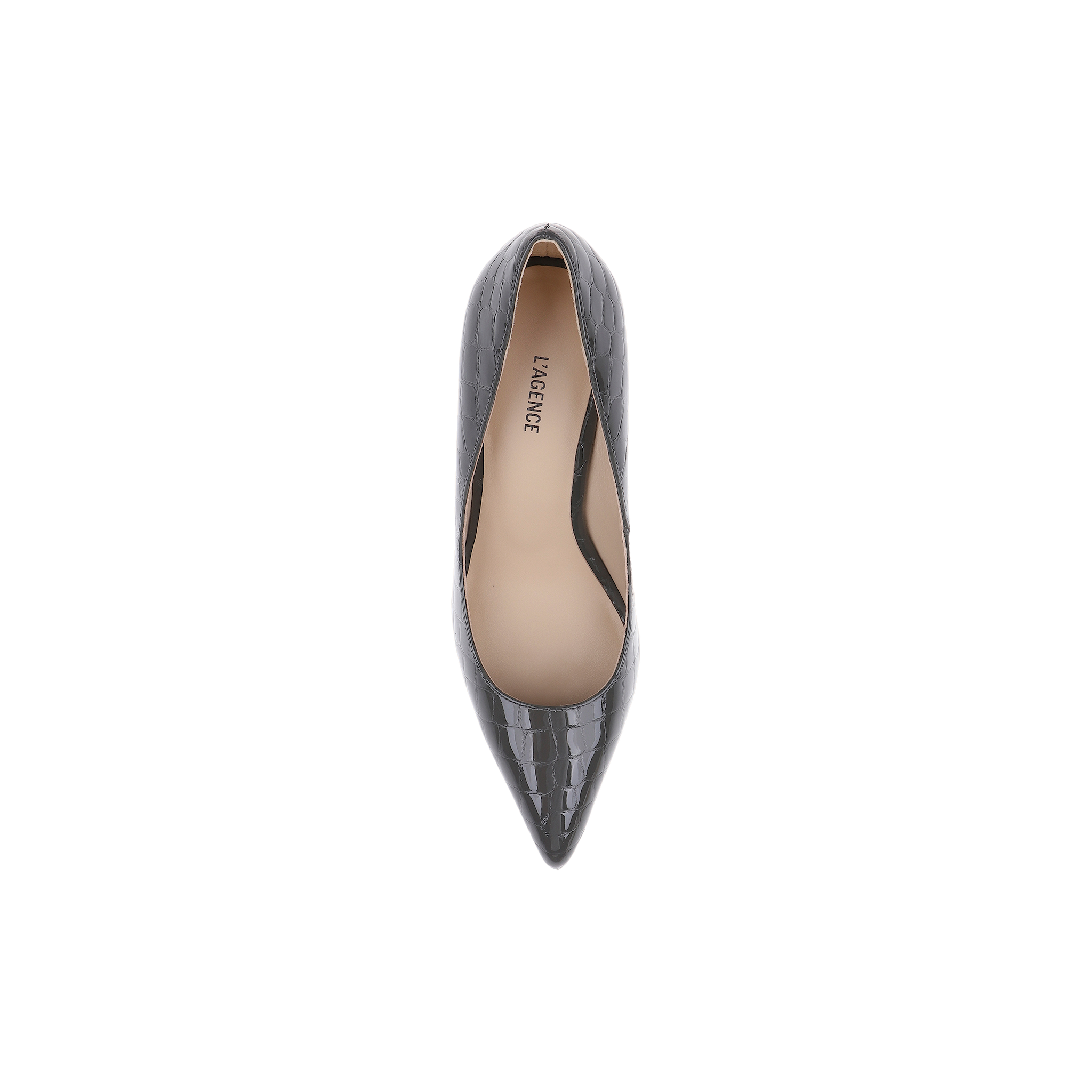 Top view of a single Maelle Leather Pump in black crocodile-embossed leather with a pointed toe and stiletto heel, displayed on a plain white background. The insole features the brand name VALENCE.